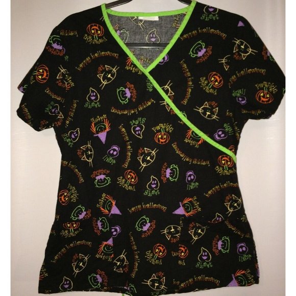 Halloween Scrub Witch Cat Pumpkin Monster Hat Black Life Brand Medical Top - Picture 7 of 8